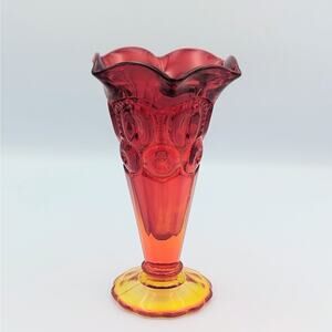 Vintage Amberina Moon & Stars Bud Vase | Ruffled Rim | Mid Century Glass